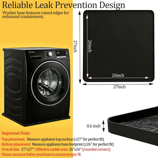Washing Machine Drain Pan, 26x26 Inch Silicone Mat with Raised Edge, Waterproof Leak Protector Tray for Under Washer and Dryer, Anti-Slip and Foldable Laundry Room Mat