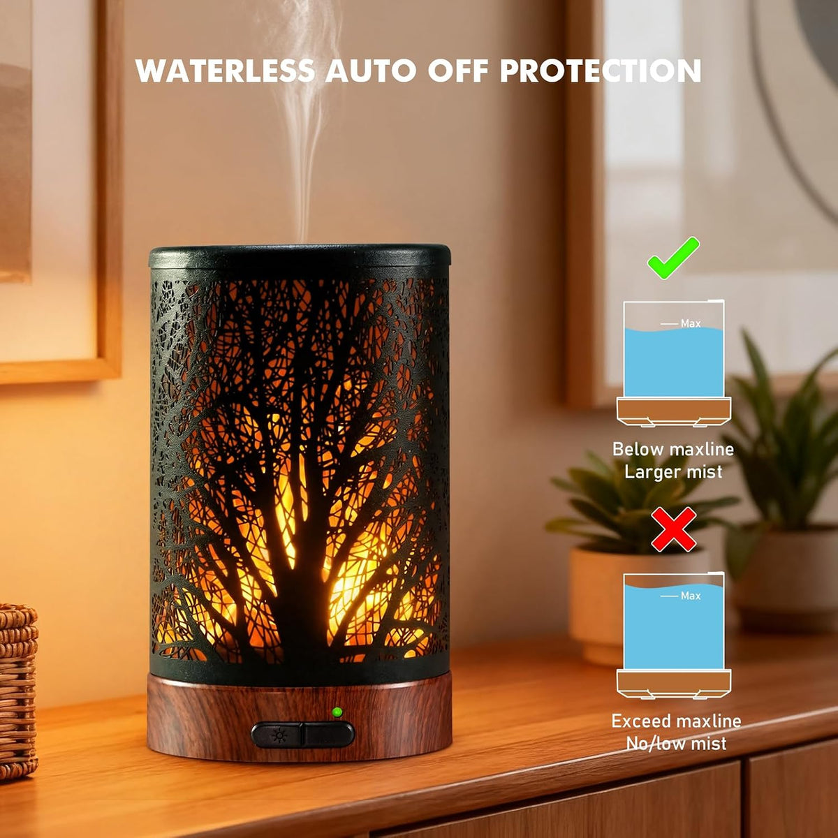 Aromatherapy Essential Oil Diffuser for Home - 100ml Black Ultrasonic Diffuser with Dynamic Flame Light, Metal Cool Mist Aroma Diffuser for Essential Oils & Auto Shut-Off Protection