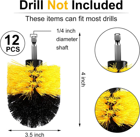 Drill Brush Nylon Drill Brush Attachment Electric Power Scrubber Scrub Brush Multi Purpose Cleaning Supplies for Drill Bathroom Surfaces Tub Grout Shower Kitchen Tile Auto Car (Yellow, 12 Pcs)