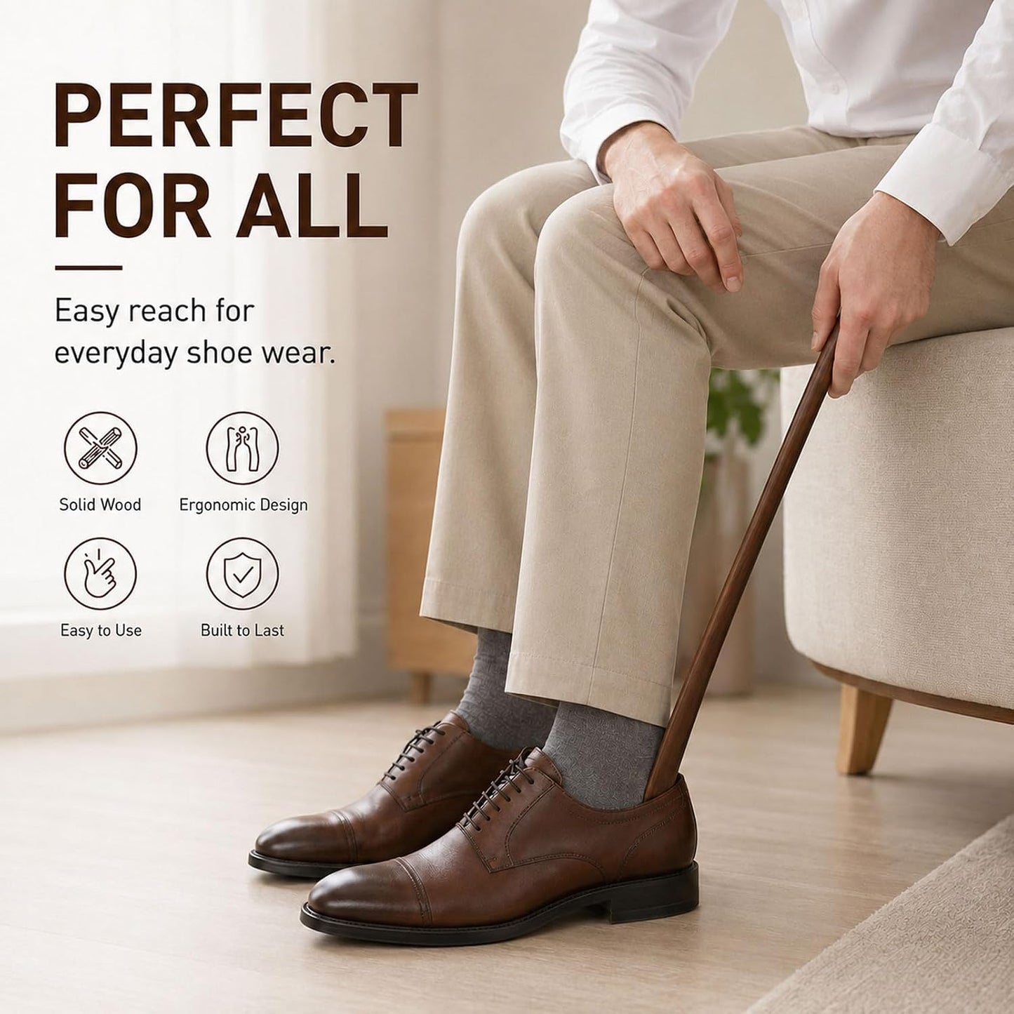 Shoe Horn Long Handle for Seniors, 2-Pack Extra Long Wooden Shoe horn | 23.6-Inch Black Walnut Boot Horn, Shoe Helper for Men and Women, Smooth Rounded Edge, No-Bend Use, Leather Hanging Loop
