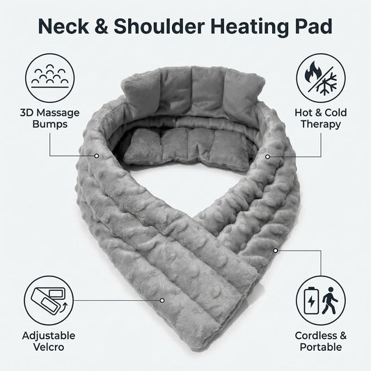 Microwavable Neck and Shoulder Heating Pad, Flaxseed Filled Hot and Cold Relief Wrap, Hook and Loop Adjustable Cervical Wrap for Neck Shoulder Back Comfort, Gray