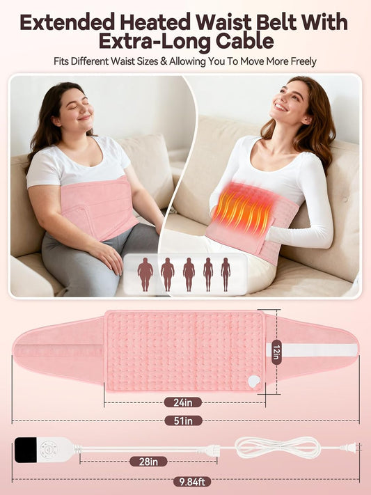 51" Heating Pad for Period Cramps Built with Hand Warmer Pocket, Controller Pocket & 9.84ft/3M Extra-Long Cord, Adj. Temp Timer Auto Shut Off Wrap Around Heated Pad for Women Back Abdomen Pain Relief