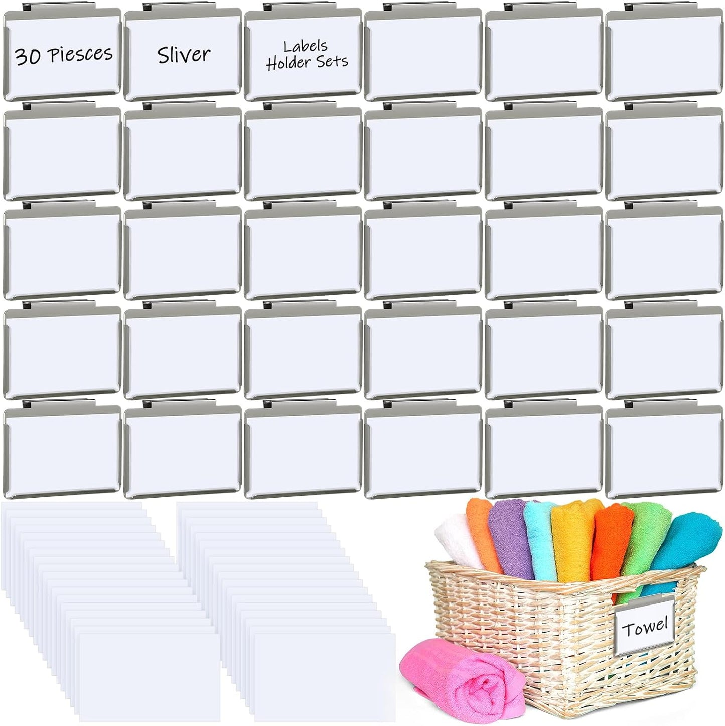 Basket Bin Labels Clips Label Holders Stainless Label Holders Removable Metal Bin Clips with Replacement Papers for Labeling, Classification, Induction (12 Pack)