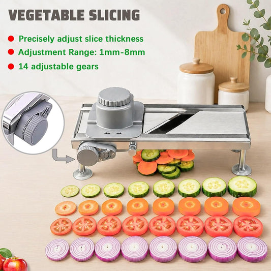 Goldtree Mandoline Slicer Adjustable Vegetable Onion Potato Food Cutter | Stainless steel structure, Precisely adjustable slice thickness, 3 strip-cutting blades, Latest safety hand guard