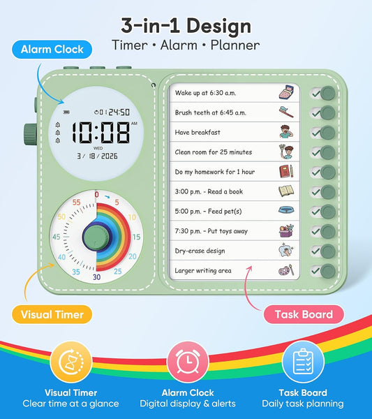 3-in-1 Visual Timer & ADHD Tool for Kids with Chore Chart & Planning Board | ADHD Task Timer for Adults with Visual Schedule, To-Do List & Planning Board for Home, School, Classroom, Work