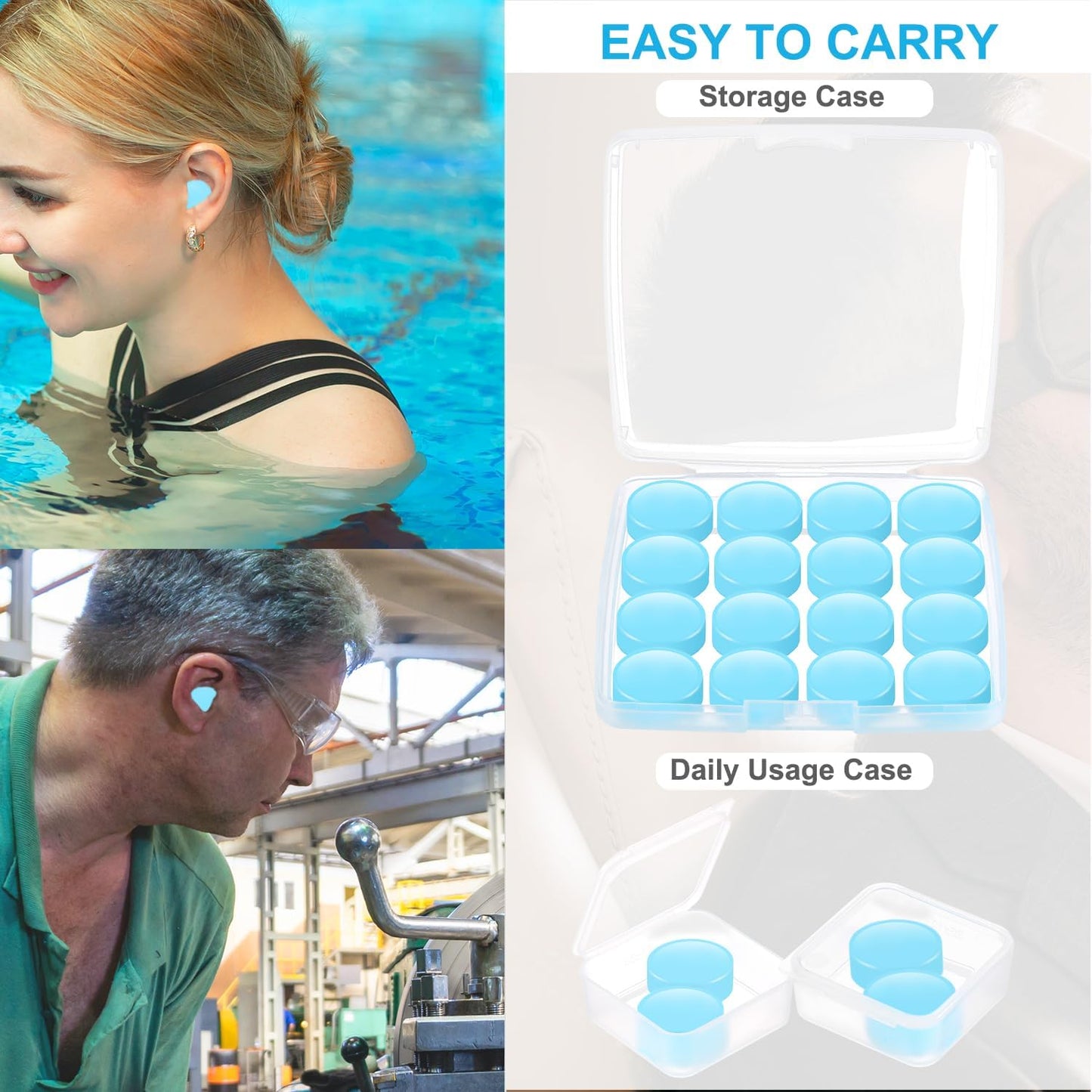 Ear Plugs for Sleeping, 16 Moldable Noise Cancelling Silicone Earplugs for Swimming, Snoring, Sleep and Studying, Blue