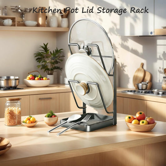 Kitchen Pot Lid Storage Rack, Pot Lid Holder While Cooking for Countertop | Stainless Steel Pot Lid Rack, Kitchen Countertop Organizer Removable Drip Tray, Lid Cutting Board Ladle Storage for Stove Top