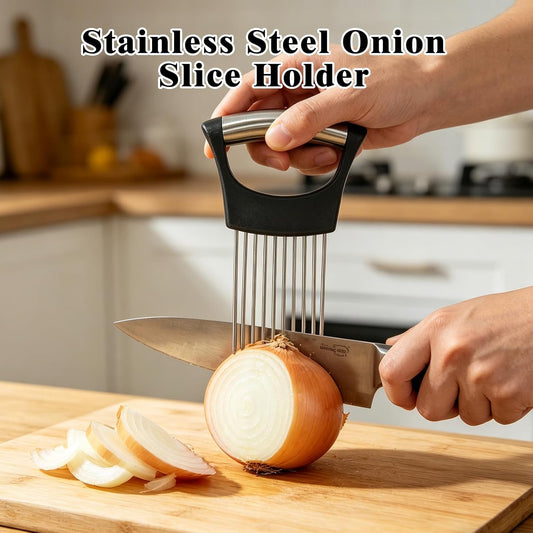 Zoyiancy 2 PCS Stainless Steel Onion Holder, Cutting Tool for Vegetables | Stainless Steel, Protective Cover, Non-Slip Grip, Easy To Wash, Dishwasher, Slices Veggies, Fruit Meat, Onion, Potato, Tomato