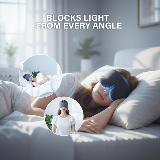 Cotton Sleep Mask for Side Sleepers with Contoured Nose Design, Blackout Eye Mask for Sleeping, Soft Breathable Light Blocking for Men Women, Full Coverage Eye Mask with Ear Covers for Travel