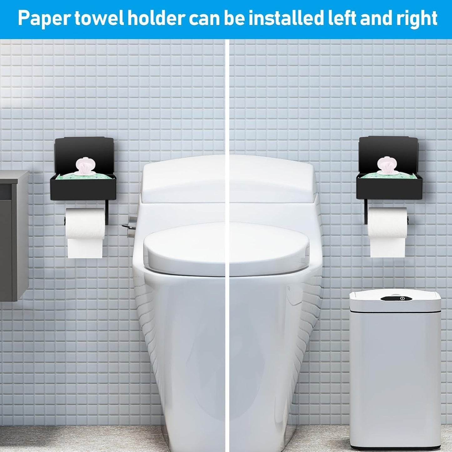 Toilet Paper Holder with Storage, Shelf of Bathroom Toilet Tissue Holder, Toilet Paper Roll Holder, Black Stainless Steel Wall Mount, No Installation & Flushable Wet Wipes Storage