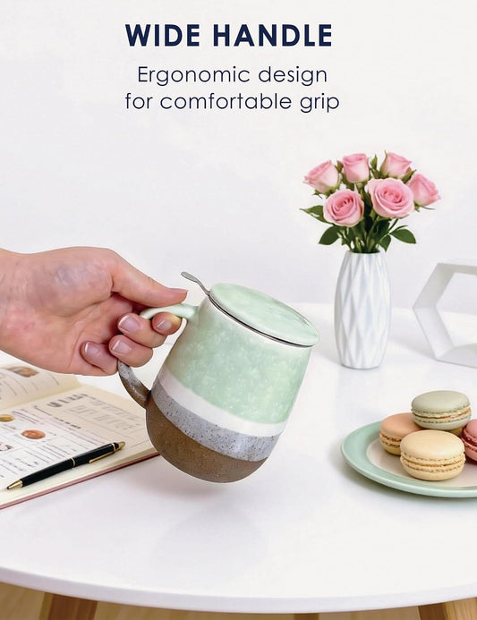 SISETOP 13.5 OZ Large Tea Cup with Infuser and Lid, Reactive Glaze Tea Infuser Mug, Ceramic Loose Leaf Teacup for Brewing, Microwave & Dishwasher Safe, Pale Blue