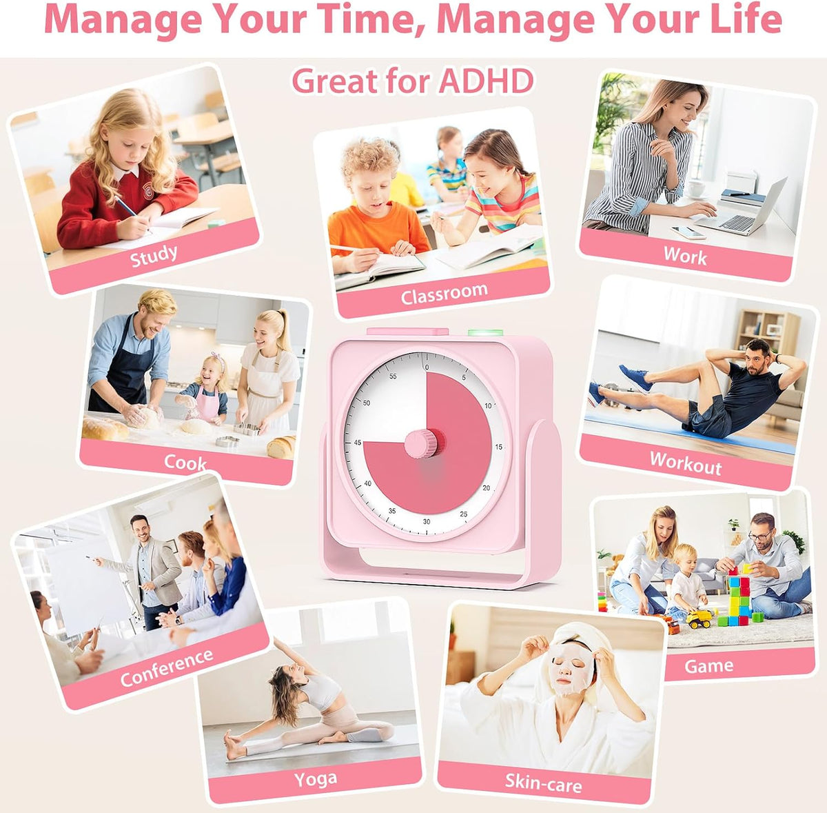 Rechargeable Visual Timer 60-Minute for Classroom Countdown Stopwatch Timer, w/Adjustable Stand for Homeschool Supplies Study Time Management Tool, for Desk Office Work Meetings, Mute Function, White