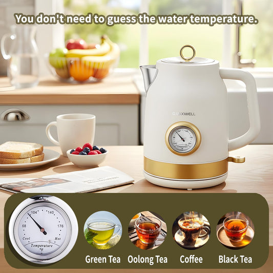 Retro Electric Tea Kettle, 1.7L, Matte White and Gold | 304 Stainless Steel, 1500W Fast Boiling, Auto Shut-Off, Boil-Dry Protection, BPA-Free, Thermometer, Retro Kitchen Appliances