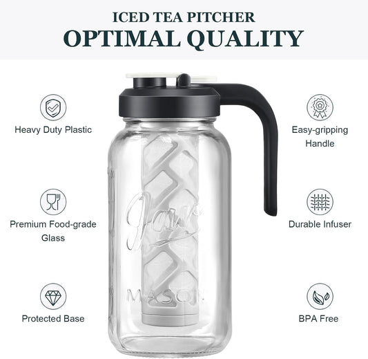 AOZITA Iced Tea Maker Pitcher with Infuser and Lid - 2 Quart Glass Mason Jar Pitcher Leak-proof Water Jug, Heavy Duty Glass Container for Tea, Water, Juice, Milk, Iced Coffee, and Drinks