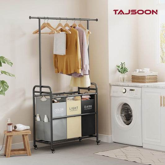 Laundry Sorter Cart with Hanging Clothes Rack, 3 Section, 3 Colors | 135L Laundry Sorter Hamper Cart with Heavy Duty Rolling Lockable Wheels and Removable Bags for Laundry Room, Apartment