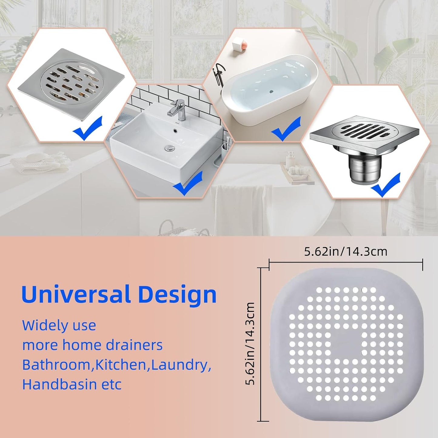 2 Pack Hair Drain Catcher,Square Drain Cover for Shower Silicone Hair Stopper with Suction Cup,Easy to Install Suit for Bathroom,Bathtub,Kitchen (Sliver Grey)