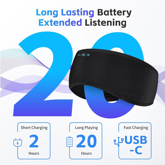 Sleep Headphones Bluetooth 6.0 Headband for Side Sleeper (Black) | 200mah cell for 20hr playback, 3mm ultra-thin speaker & mic, HD stereo, removable and washable, 2-in-1 sport & sleep headband