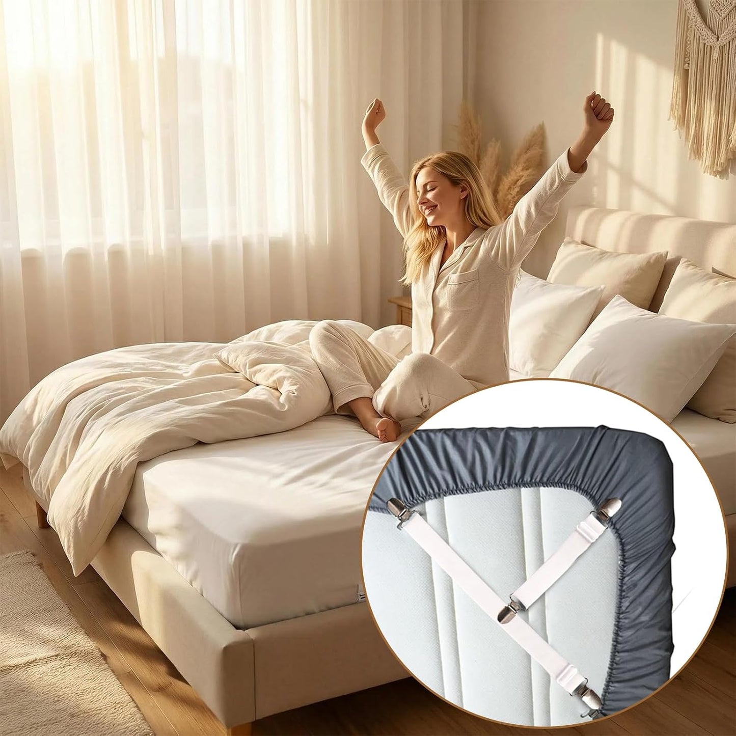 Adjustable Elastic Fitted Sheet, Anti-Slip Mattress Corner Grips, Suitable for Sheets, Sofa Cushions, and Tablecloths, 4-Piece Set (White)