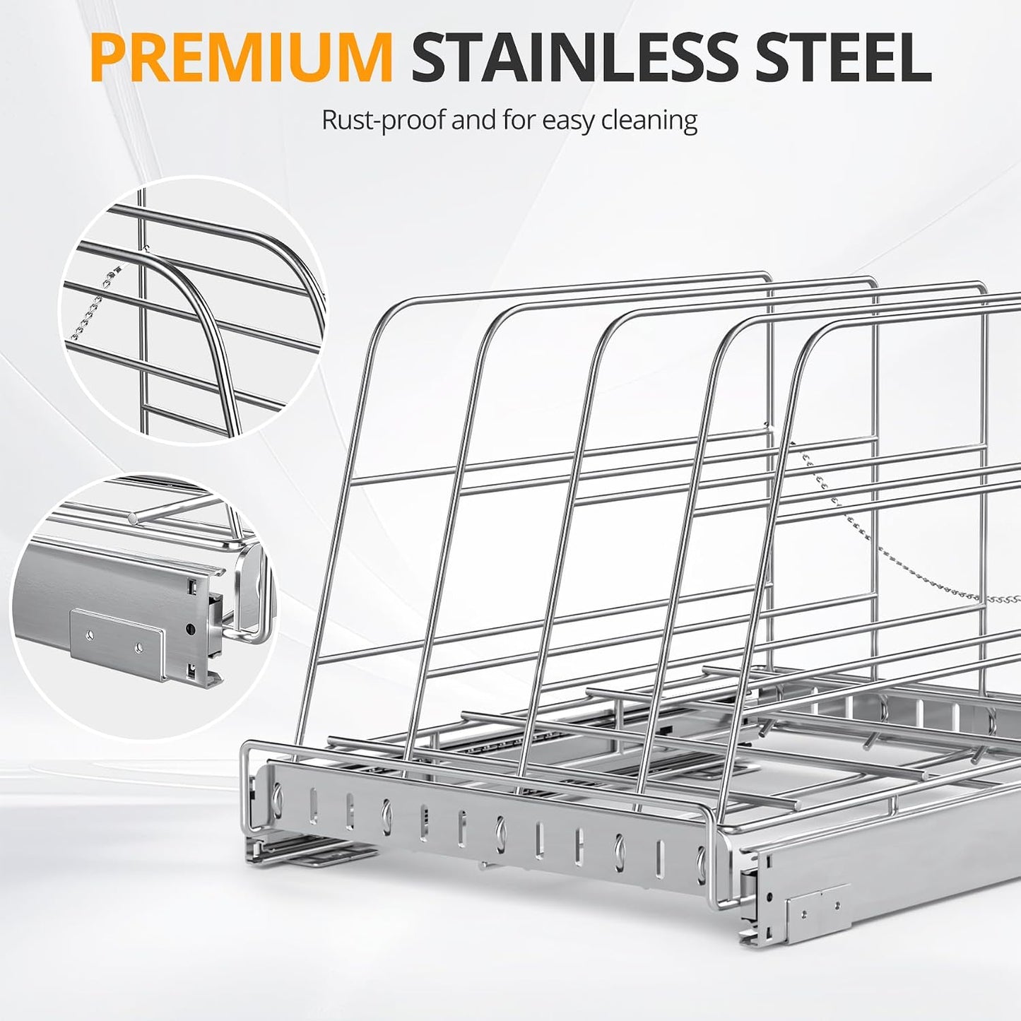 Pull Out Cabinet Organizer for Cutting Board, Cookie Sheet, Baking Sheet | Stainless Steel Sliding Rack for Bakeware & Trays, Heavy-Duty Cutting Board Organizer