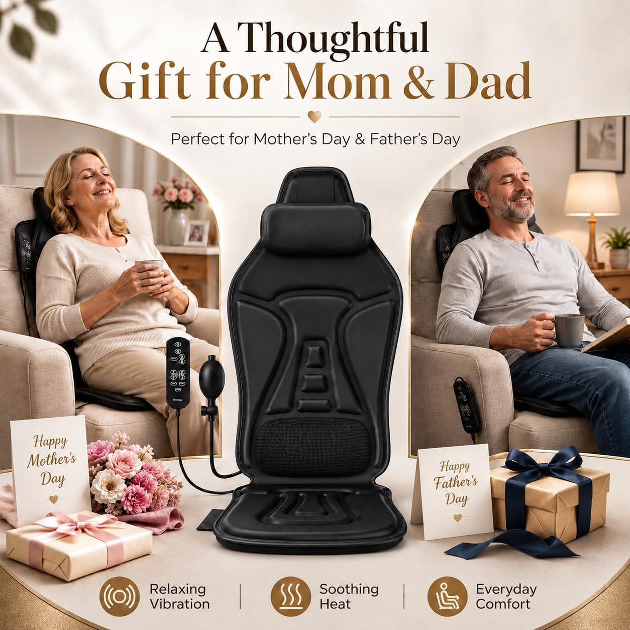 Vibrating Back Massager for Chair with Heat & Cooling, Chair Massager Pad with Adjustable Neck Support, Vibration Massage Seat Cushion for Office Chair Recliner, Home Relaxation