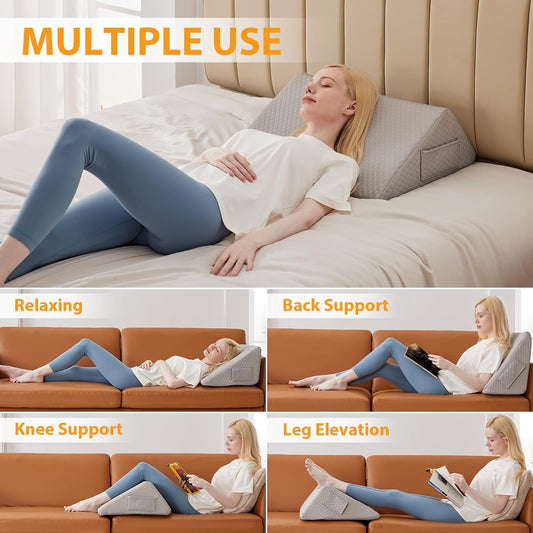 Ruqmuis Knee Pillow for Back Sleeping, 8” Knee Wedge Pillow to Elevate Knee, Leg Pillow for Back Pain Relief, Triangle Pillow, Leg Elevation Pillows for After Surgery, Blood Circulation, White/Grey