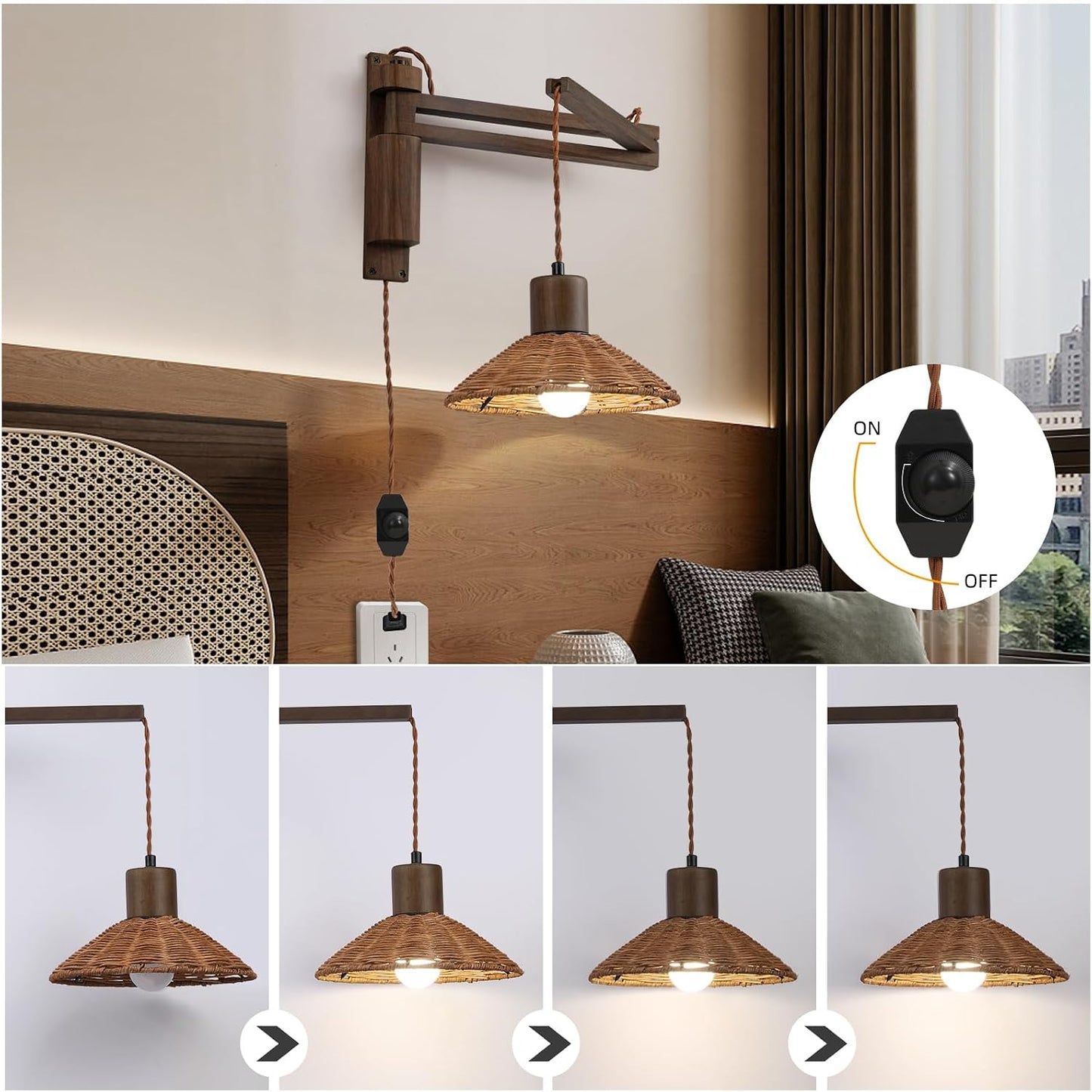 maesta Plug in Wall Lamp, Wood Swing Arm Wall Sconce for Bedroom | Swing Arm Wall Lamp, Natural Wood Finish with Corded Plug In Design, Dimmable Switch and Bulb Included for Bedroom Bedside