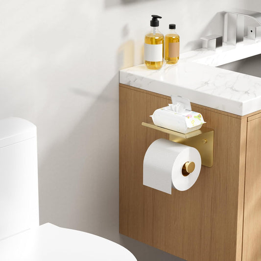 FORIOUS Toilet Paper Holder with Shelf, Adhesive or Screw, Commercial | Brushed Nickel | Wall Mount Bathroom Tissue Holder | SUS304 Stainless Steel Rustproof | Bathroom Tissue Roll Holder