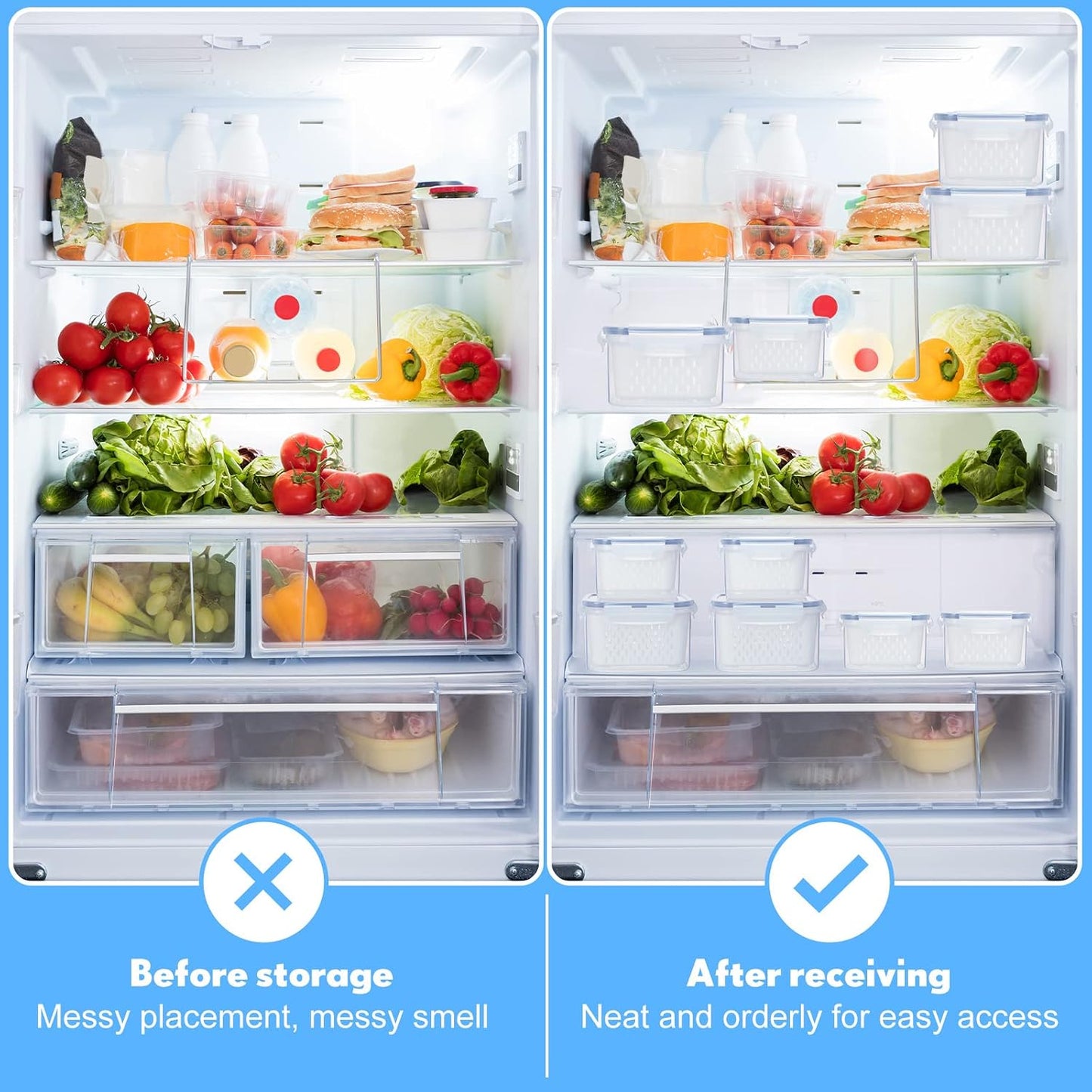 6 Pcs Fruit Storage Containers for Fridge, Food Storage Containers Berry Produce Fridge Organizer with Removable Colander Keep Fruits, Vegetable, Veggie, Meat Fresh Longer(Small, Medium, Large)