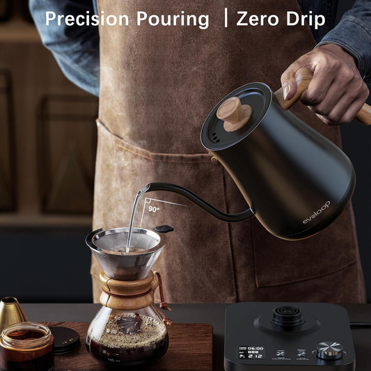 Gooseneck Electric Kettle, Electric tea Kettles, ±1℉ Temperature Control for Pour-Over Coffee & Tea Brewing, Stainless Steel Inner, Quick Heating, Boil Hot Water, 1200W/0.8L (Black Wooden)