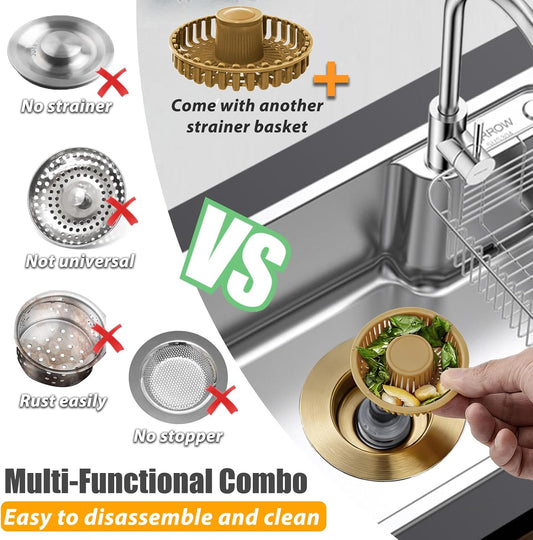 Anlige Kitchen Sink Drain Strainer, 3 in 1 Pop Up Kitchen Sink Stopper, with An Extra Basket Strainer, Universal for US Standard 3-1/2 Inch, Chrome Silver