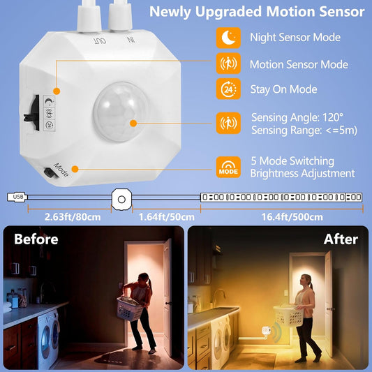 Under Bed Lights Motion Sensor LED Strip Stair Night Lighting Indoor 16.4ft | 3000K Warm White Dimmable Motion Activated LED Strip Lights,Auto On/Off,USB Powered for Bedroom Under Cabinet Kitchen Hallway