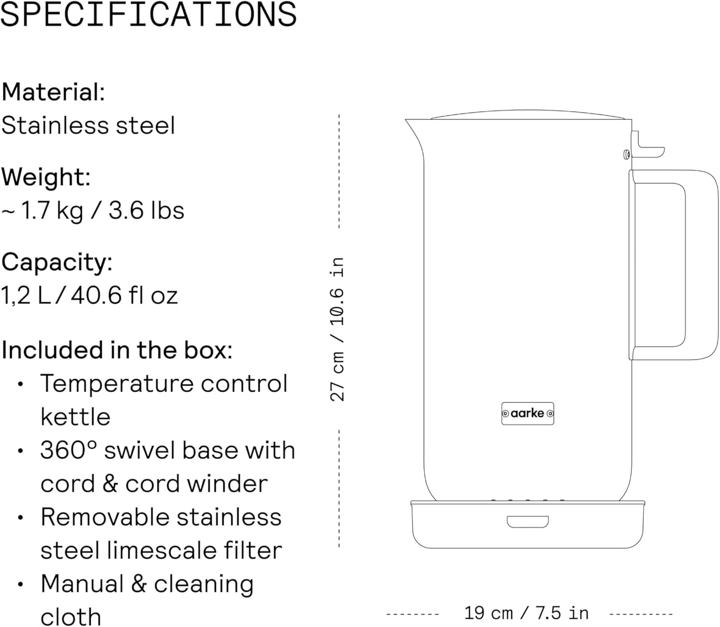 Aarke Kettle - Electric Water Boiler, 1.2L (40oz), Stainless Steel | Temperature Control, Non-Drip Spout, Double-Wall Construction, Dry Boil Protection, Heat-Safe Handle, LED Cool-Down Indicator