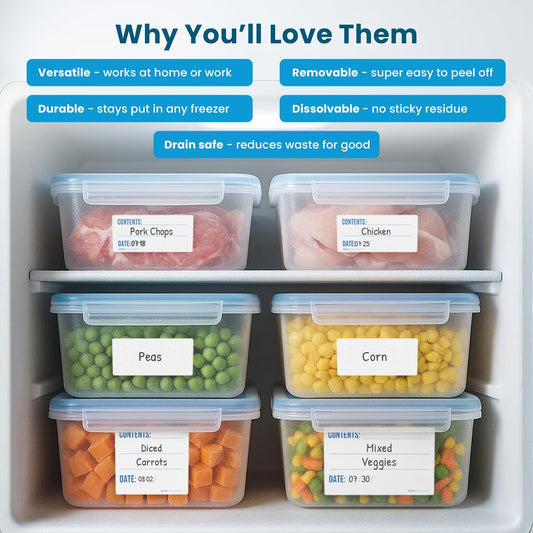 Freezer Labels 2x3 in 300/Roll, Dissolvable Removable Canning Jar Stickers | Write on with pen or marker, containers, bottles, tupperware, food storage, meal prep, pantry, deli cups, no residue