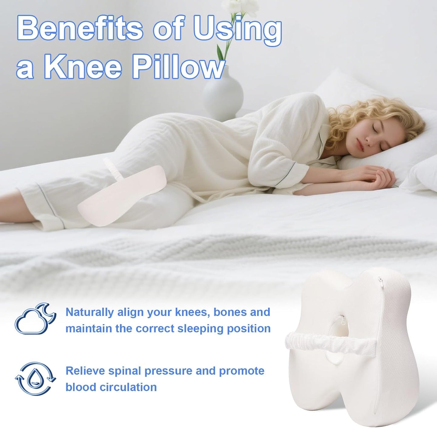 Knee Pillow for Side Sleepers Memory Foam Sciatica Pain Relief Leg Pillow, Removable Breathable Cover & Elastic Strap Grey