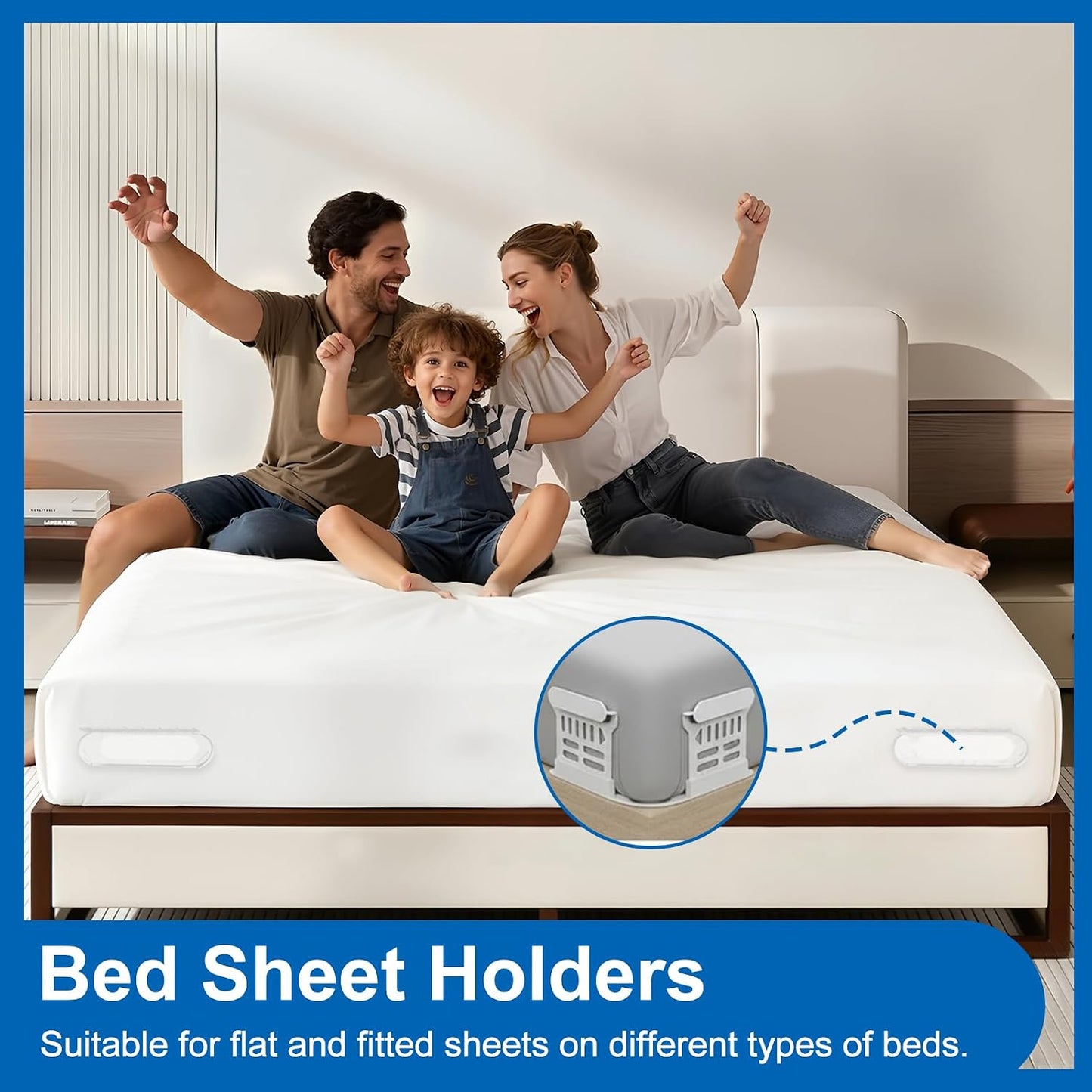 Bed Sheet Holders for Corners, Upgraded Dual-Side Lock Design Sheet Grippers, 4Pcs Heavy Duty Non-Slip Fitted Sheet Clips, Keep Sheets Firm & Tight, Universal Fit for All Mattresses, Easy Installation