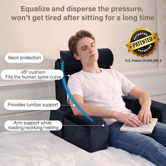 19" Reading Pillow for Bed with Firm Back Support & Big Pockets | Back Pillow for Bed Sitting Up/Watching TV/Nursing/Recovery/Gaming,High Density Foam Filling,Machine Washable Cover,Grey