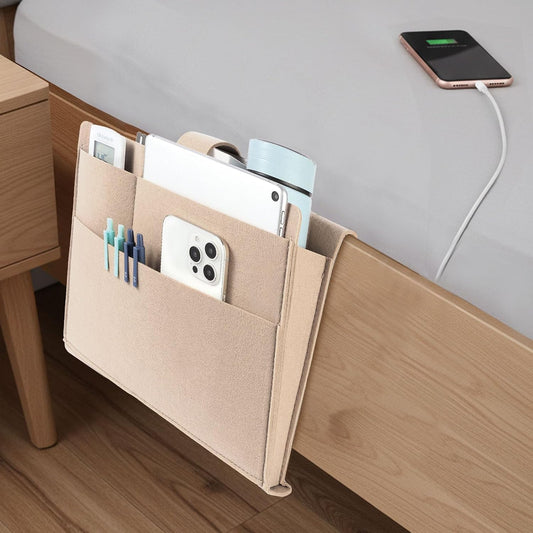 Seefoo Bedside Caddy, Large Bed Caddy Organizer with Cord Slit, Beige | Magazine Holder for Books, Remotes, Bunk Bed Storage Pocket, Strong-Grip Loop Tape Sticky, for Dorm, Bedroom, Sofa Beige
