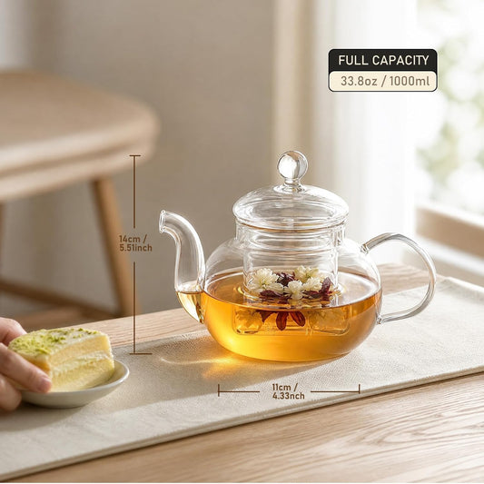 1000ml(33.8oz) Borosilicate Glass Teapot with Removable Glass Infuser, Stovetop Safe Large Tea Kettle for Blooming Tea & Loose Leaf Tea