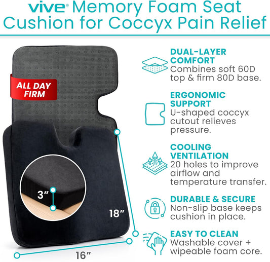 Vive Memory Foam Seat Cushion – Tailbone Pain Relief, Sciatica, Coccyx | Back Support for Office Chair, Car Seat, Wheelchair & Airplane, Water-Resistant Cover, 2-Layer Foam Comfort, Wheelchair