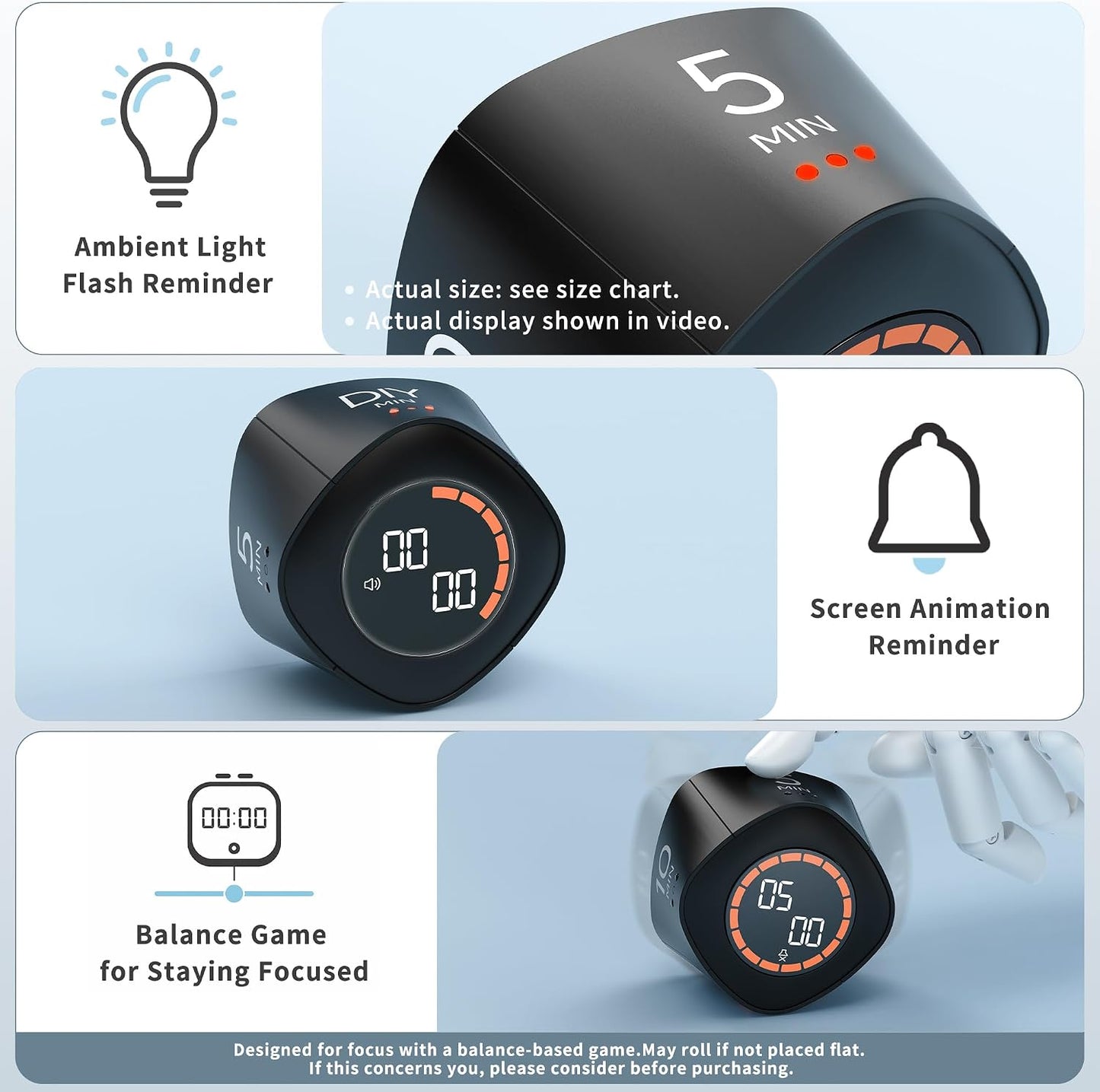VEWINGL Cube Productivity Timer, 25/5/10/45 Min Presets, Desk Flip Timer for Pomodoro Study Sessions, Vibration & Custom Modes for ADHD, Work, Study & Kitchen (Black)