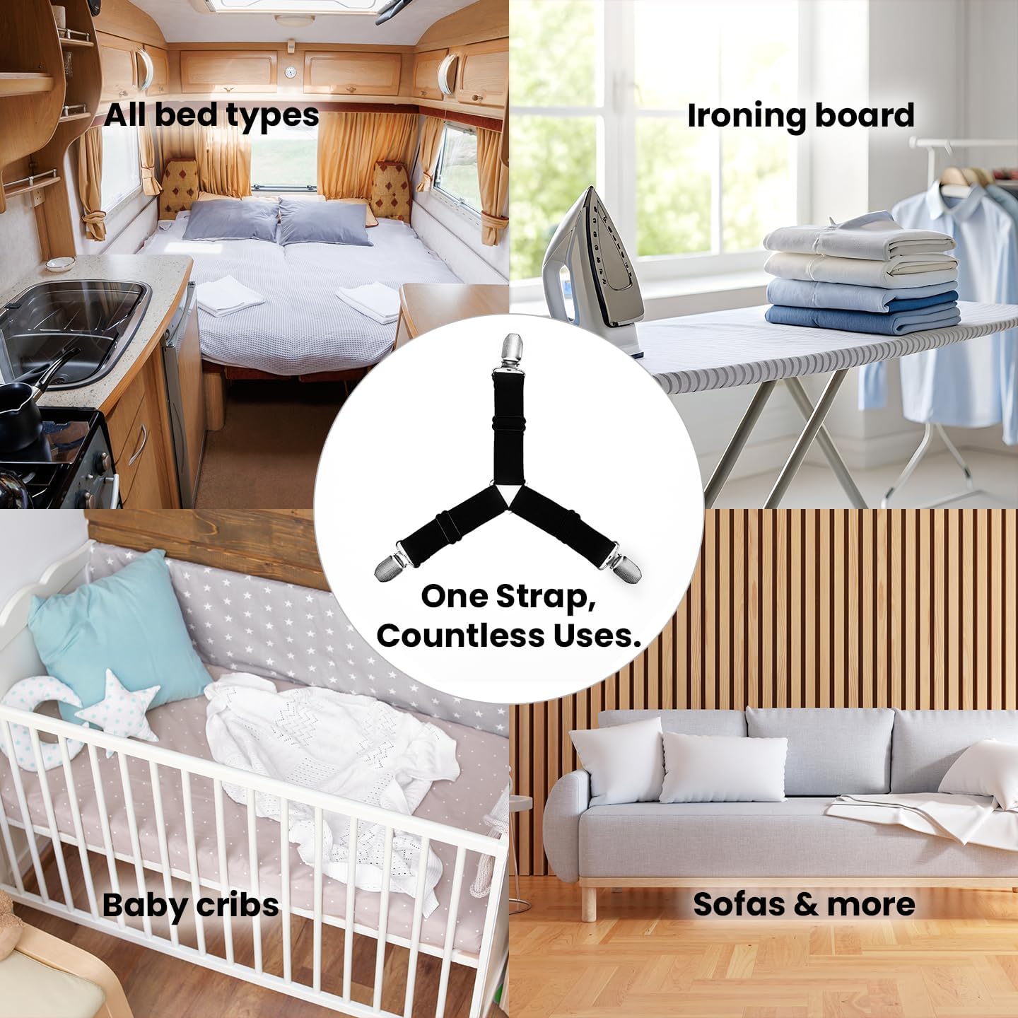 Bed Sheet Holders(4 Pack) Durable Metal Core, Adjustable Steel Buckle, Strong Elastic & Soft-Pad Grippers. Keep in Place Fitted Bedding Straps for Any Mattress, Easy No-Lift Install