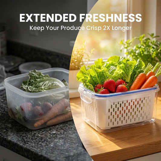 Fruit Storage Containers for Fridge with Removable Colander, Airtight Produce Storage Containers with Lids, Fridge Organizers and Storage for Berry, Fruit, Vegetables, Salad & Meal Prep (Gray, S+M+L)