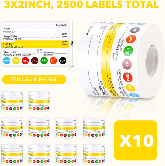 20 Rolls 5000 Pcs Restaurant Quality Shelf Life Food Rotation Labels Vinyl 2” x 3” Self-Adhesive Removable Freezer Food Labels Perfect for Reusable Containers Food Safety Date Sticker, Easy to Remove