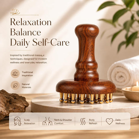 Copper Gua Sha Meridian Massage Brush with 29 Copper Ball Scalp & Body Massage Tool with Sandalwood Handle, Acupressure Massage Brush for Head, Neck, Shoulder & Body Relaxation