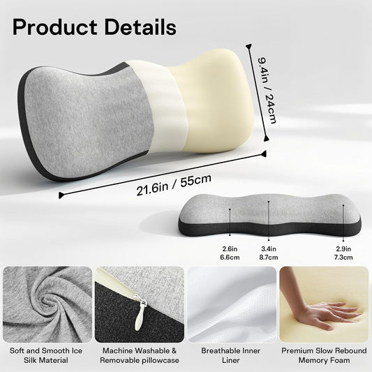 Lumbar Support Pillow for Bed, Lower Back Pillow for Sleeping, Memory Foam Waist Pain Relief Pillows, Lumbar Pillow for Sleeping, Bed, Car, Couch (Grey Black)