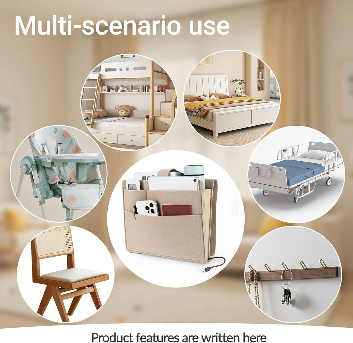 Seefoo Bed Caddy Organizer, Bunk Bed Shelf Caddy with 4 Pockets Grey