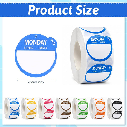 10500 Pcs Day Dots Food Labels 1 Inch Days of the Week Stickers | Removable Date Dot Sticker Round Self Adhesive Date Stickers for Restaurant Kitchen Container Inventory Management Supplies