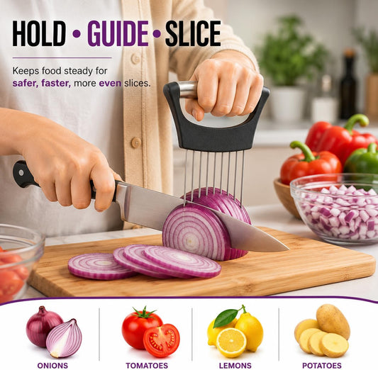 Onion Slicer Holder, 304 Stainless Steel Onion Cutter Tool with 10 Prongs, Vegetable Cutting Guide for Safe & Even Slicing, Food Prep Holder for Onion, Tomato & Potato