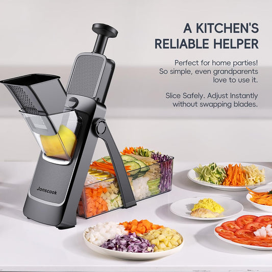 Jonscook All-in-1 Safe Mandoline Slicer for Kitchen, Vegetable Slicer with Container, Adjustable Veggie Mandoline, French Fry Cutter, Potato/Tomato/Onion Slicer, Grater/Cleaning Brush (Black Knight)