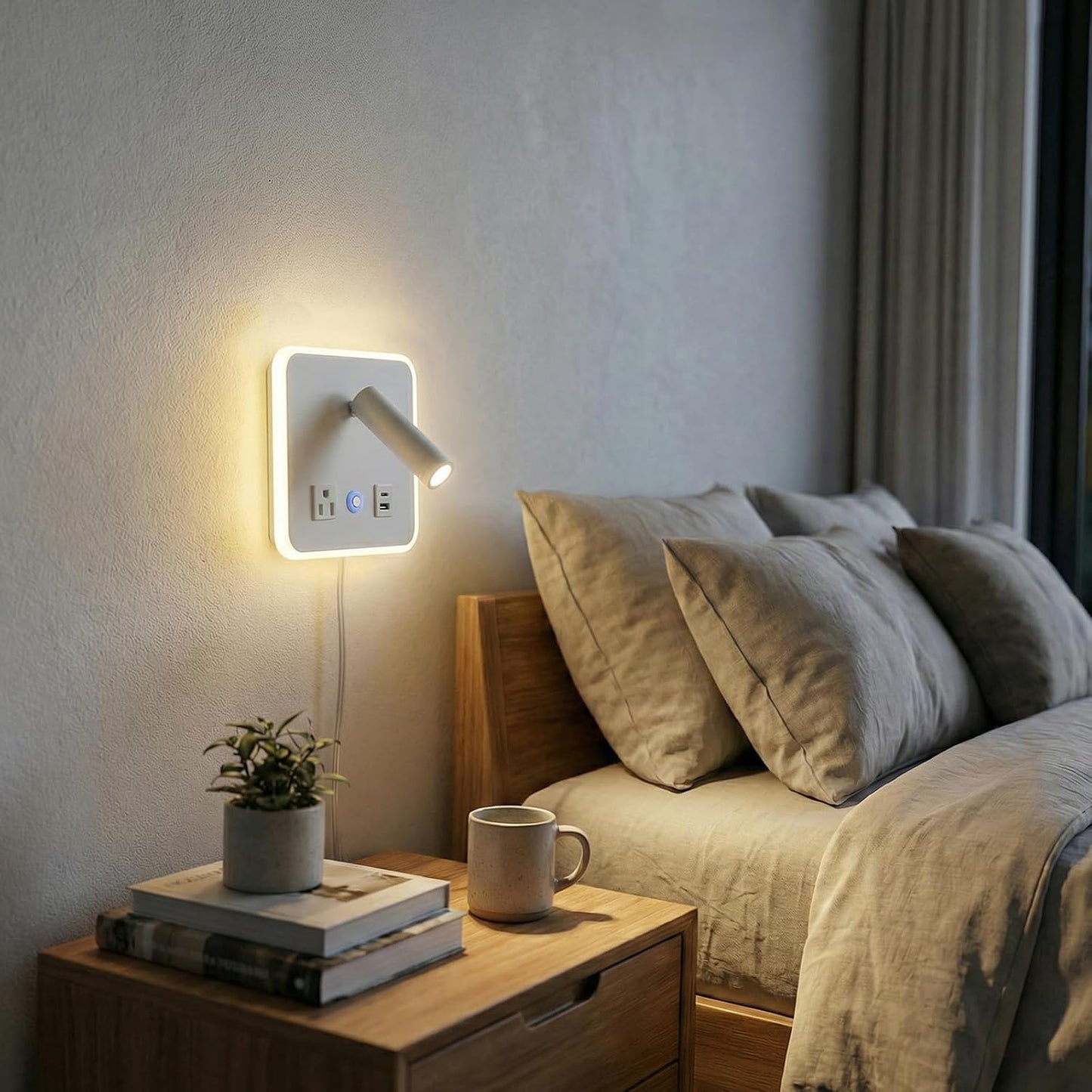 LED Headboard Reading Lamp, Dimmable Wall Sconce with USB-A/USB-C, White | Separate reading and ambient backlight controls, memory dimmer, adjustable angles, plug-in/hardwired, bedroom, bedside, hotel